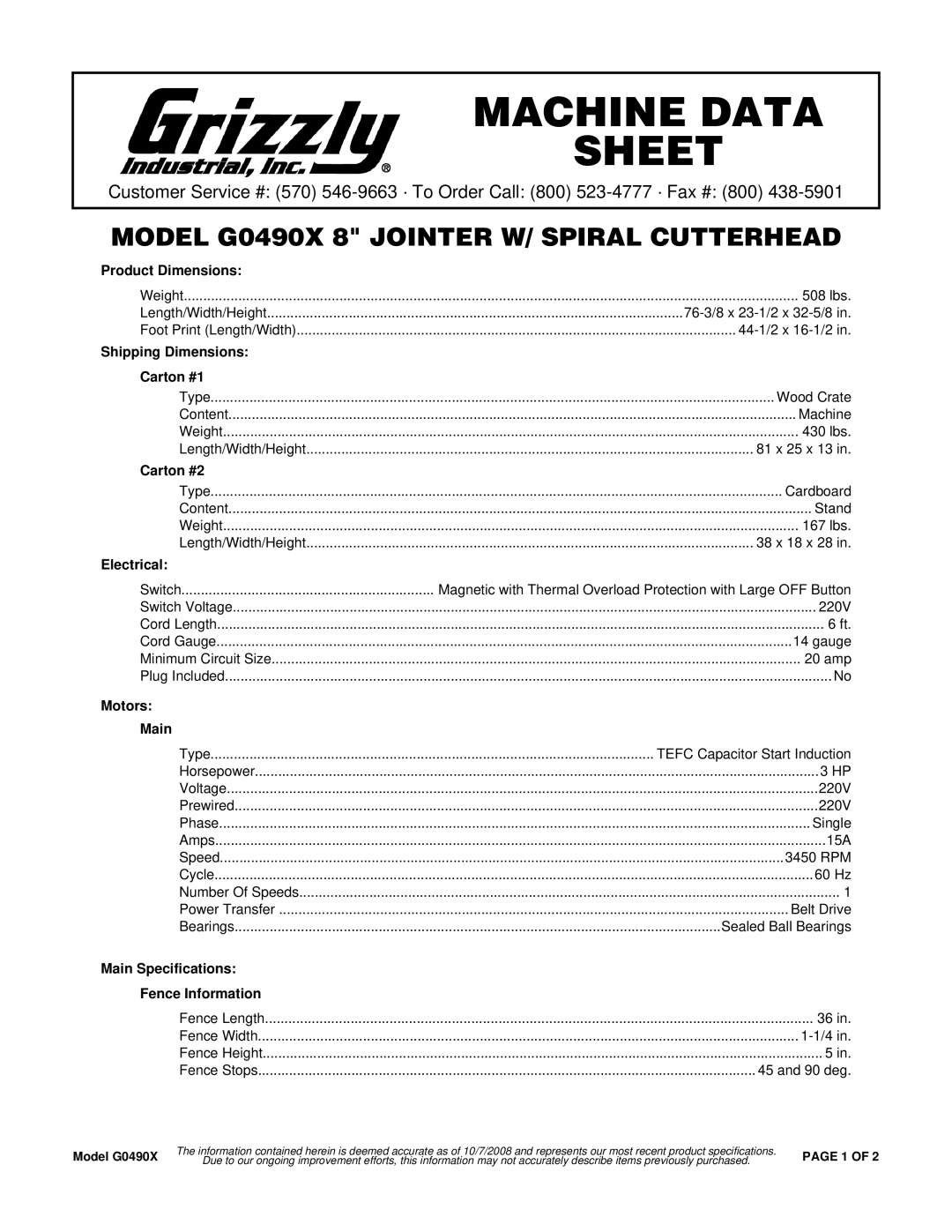 Grizzly G0490X specifications Product Dimensions, Shipping Dimensions Carton #1, Carton #2, Electrical, Motors Main 