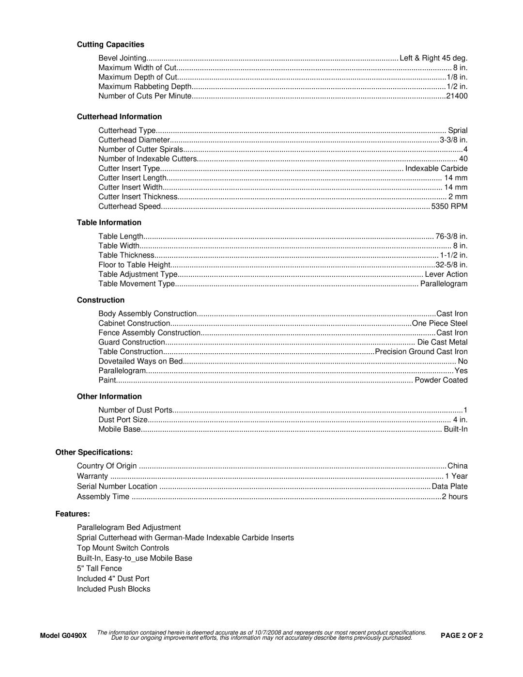 Grizzly G0490X Cutting Capacities, Cutterhead Information, Table Information, Construction, Other Information, Features 