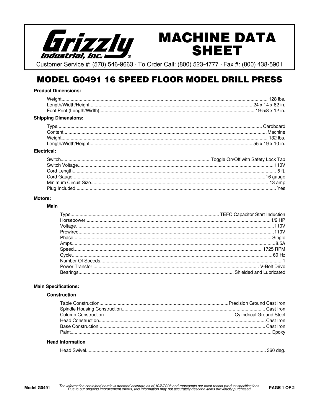 Grizzly G0491 specifications Product Dimensions, Shipping Dimensions, Electrical, Motors Main, Head Information 