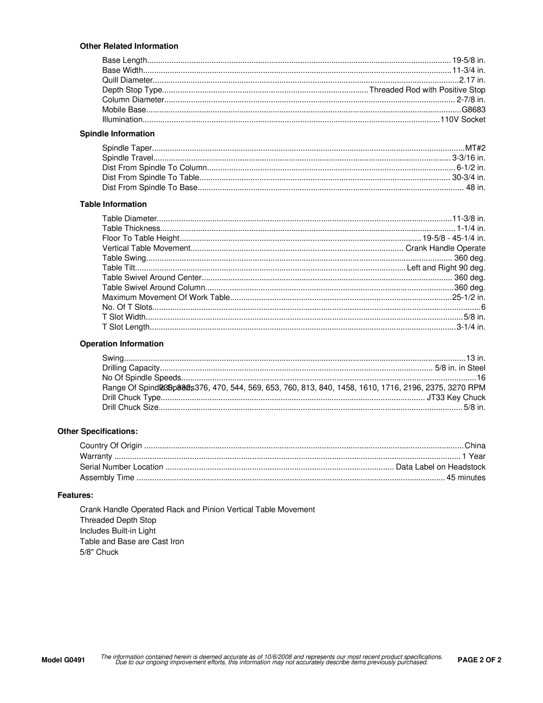 Grizzly G0491 Other Related Information, Spindle Information, Table Information, Operation Information, Features 