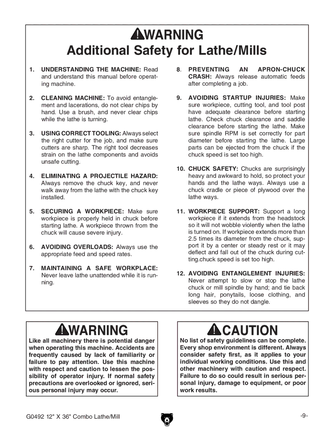 Grizzly G0492 manual Additional Safety for Lathe/Mills, Eliminating a Projectile Hazard 