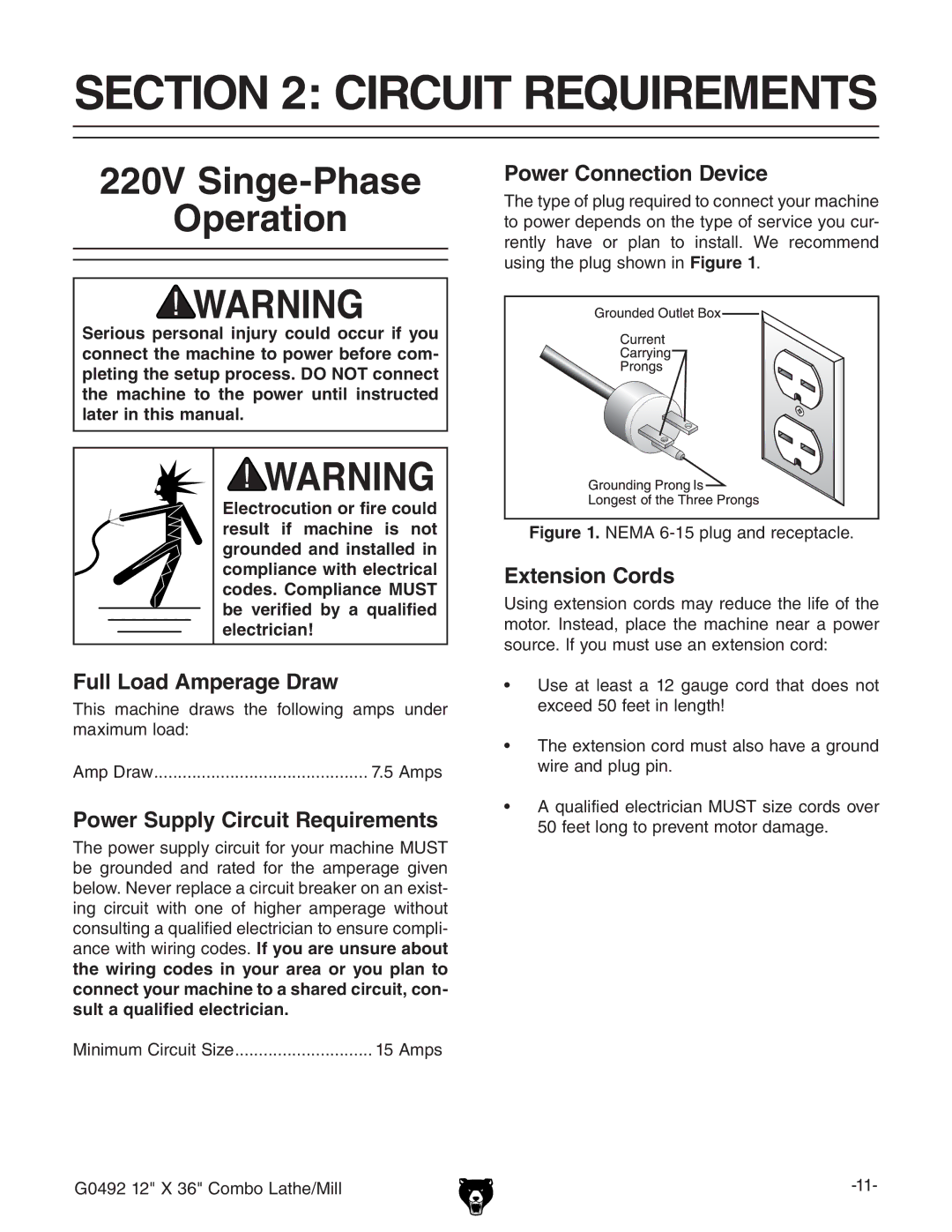 Grizzly G0492 Circuit Requirements, 220V Singe-Phase Operation, Ih bVXcZ YgVlh iZ daadlc\ Vbeh jcYZg bVmbjbadVY 