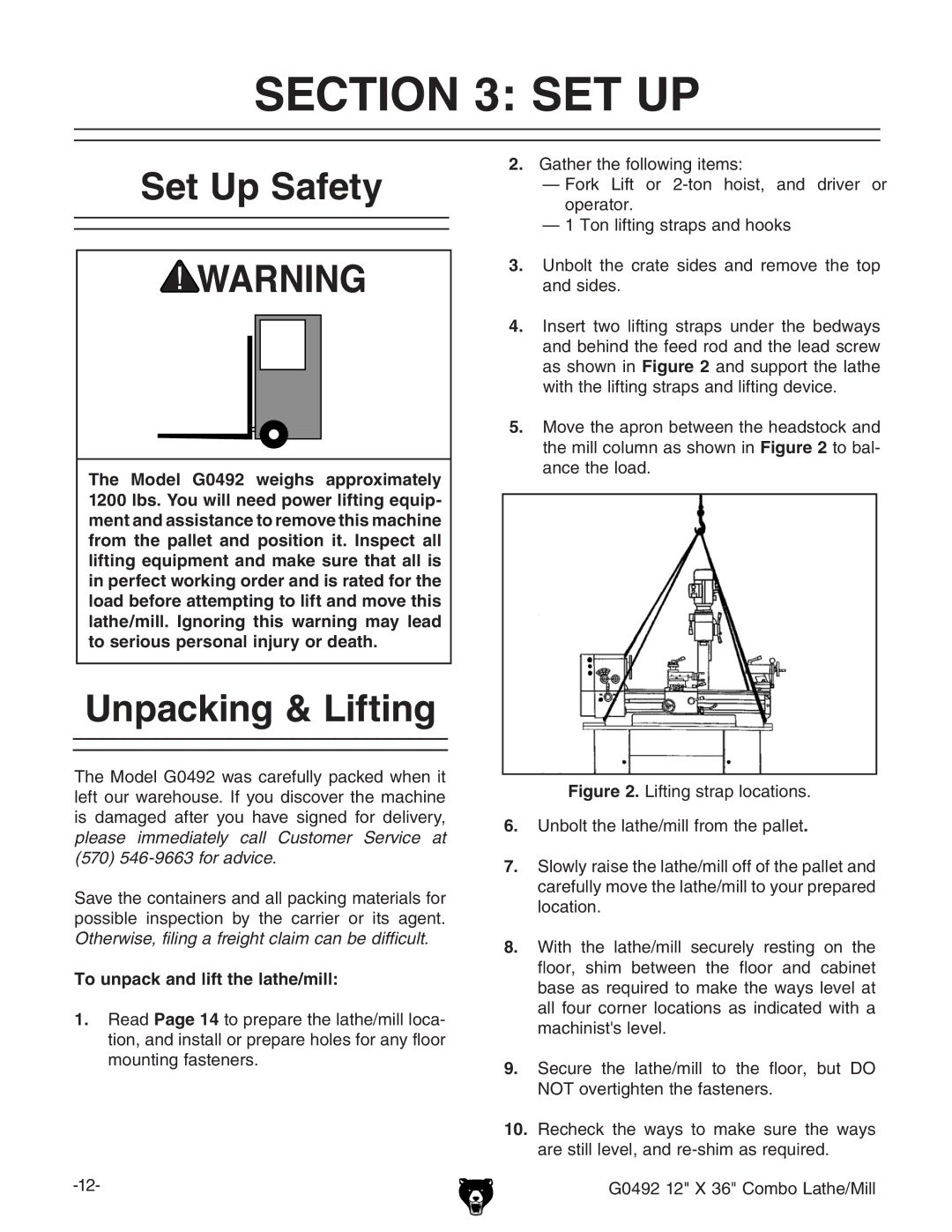 Grizzly G0492 manual Set Up Safety, Unpacking & Lifting, To unpack and lift the lathe/mill 