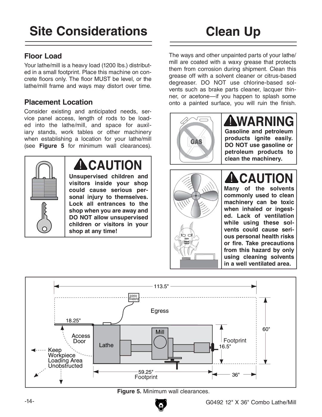 Grizzly G0492 manual Site Considerations Clean Up, Ddiegci 