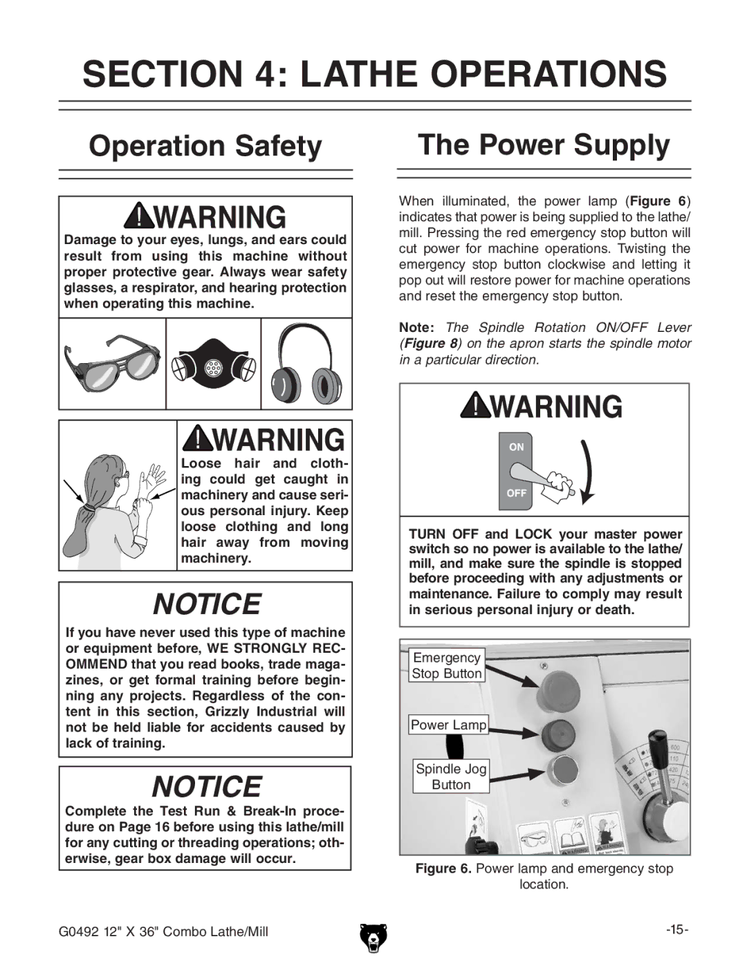 Grizzly G0492 manual Lathe Operations, Operation Safety Power Supply, BZg\ZcXn Hide7jiidc EdlZgAVbe HecYaZ?d 