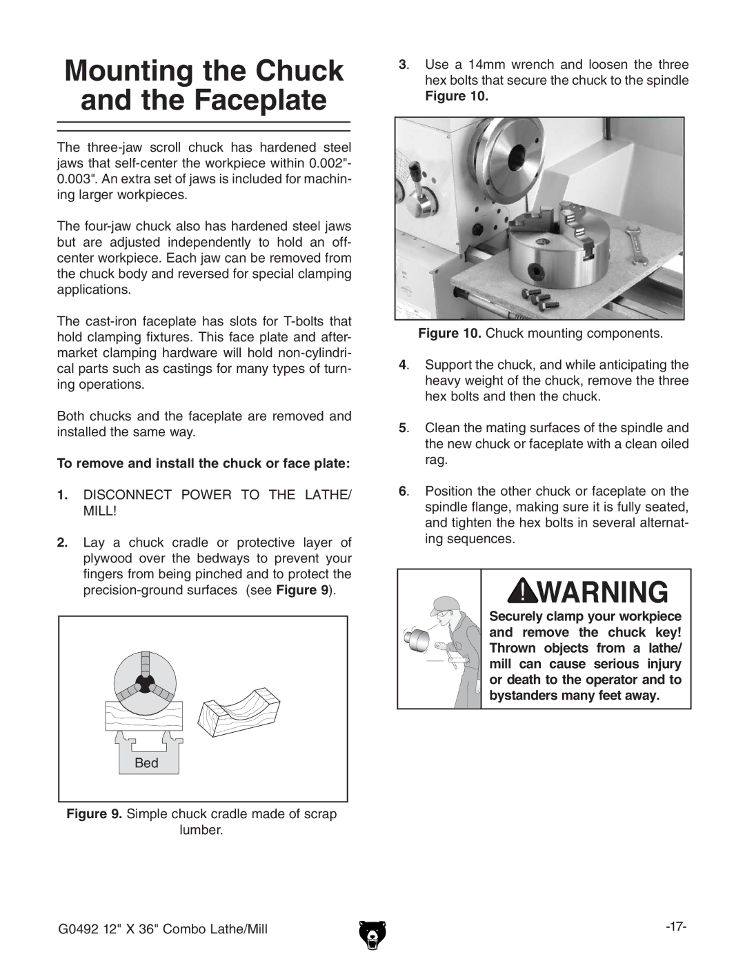 Grizzly G0492 manual Mounting the Chuck Faceplate, To remove and install the chuck or face plate 