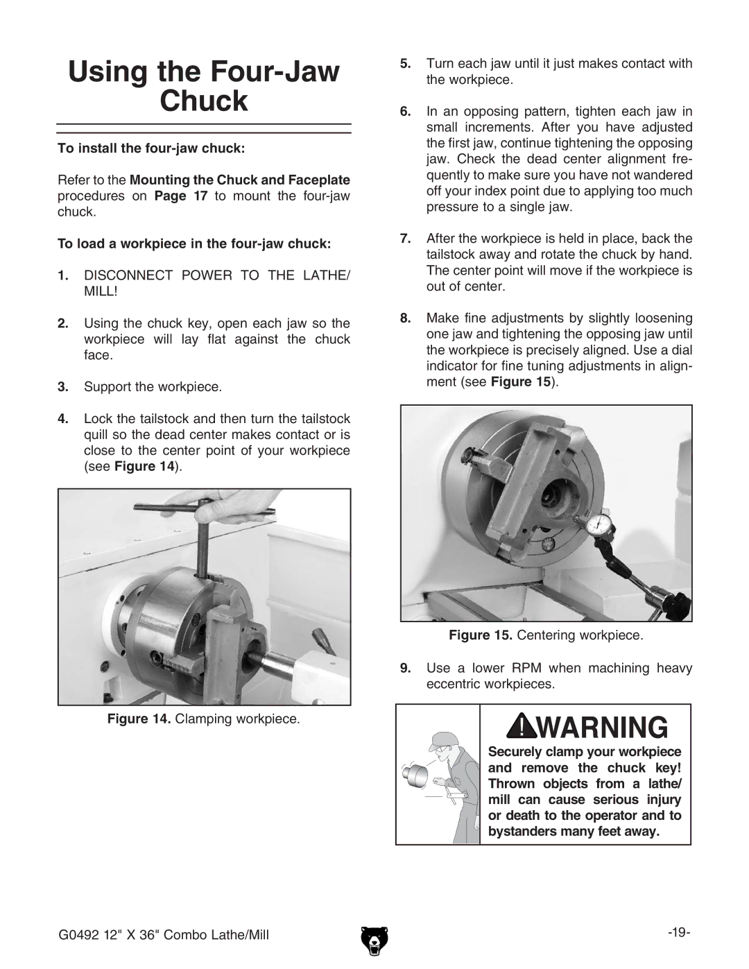 Grizzly G0492 Using the Four-Jaw Chuck, To install the four-jaw chuck, To load a workpiece in the four-jaw chuck, hZZ # 