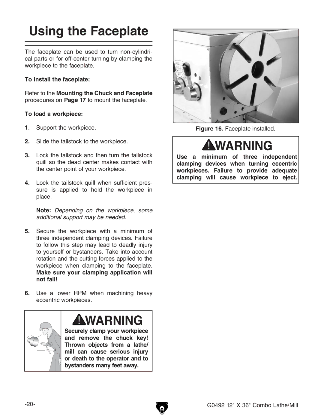 Grizzly G0492 manual Using the Faceplate, EgdXZYjgZhdcPage 17idbdjciiZVXZeaViZ#, To load a workpiece 