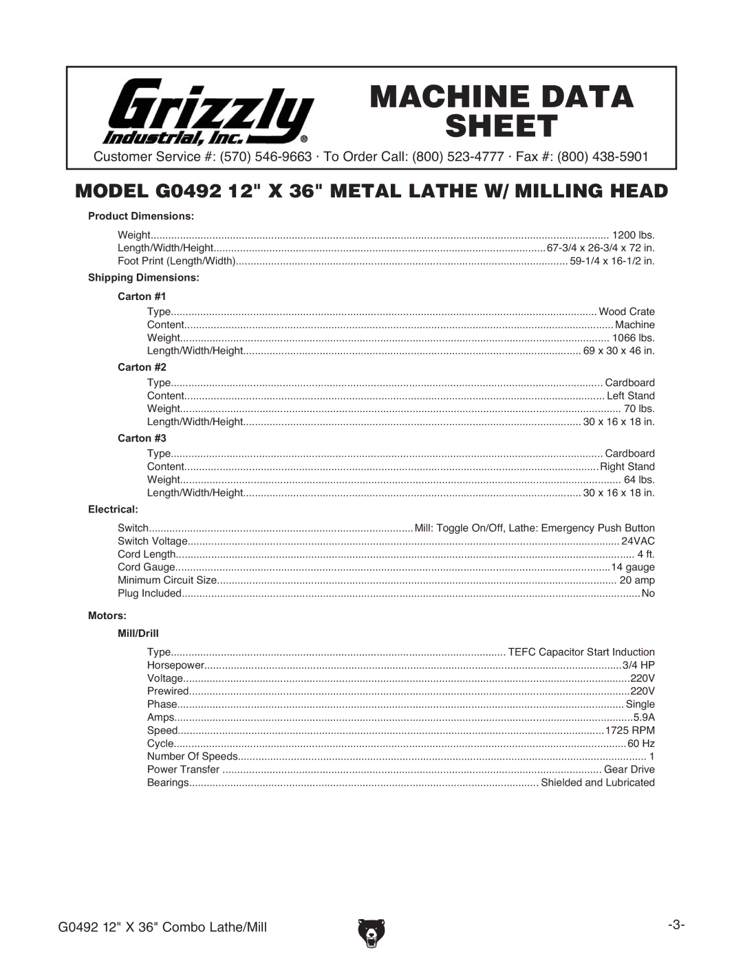 Grizzly G0492 manual Machine Data Sheet 