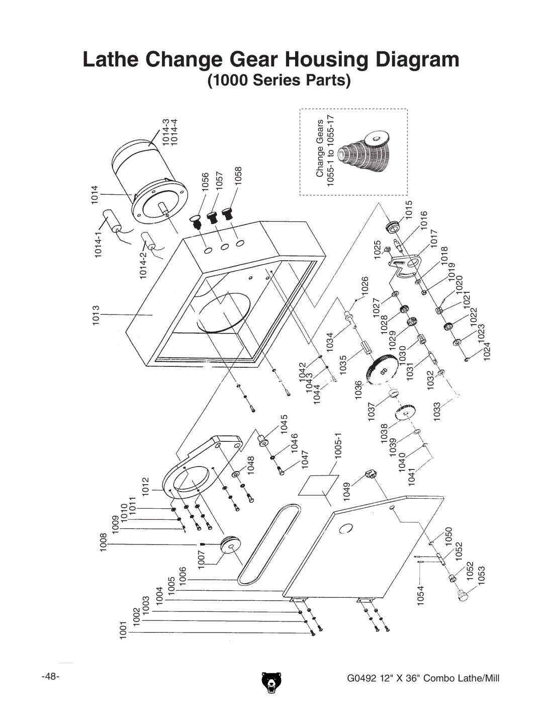 Grizzly G0492 manual Lathe Change Gear Housing Diagram 1000 Series Parts 