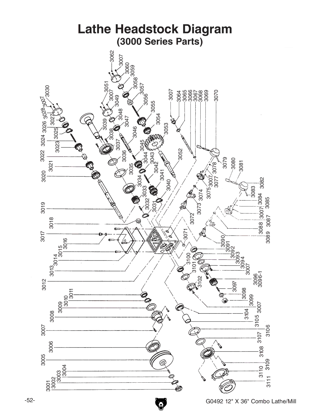 Grizzly G0492 manual Lathe Headstock Diagram, 3007 3028 