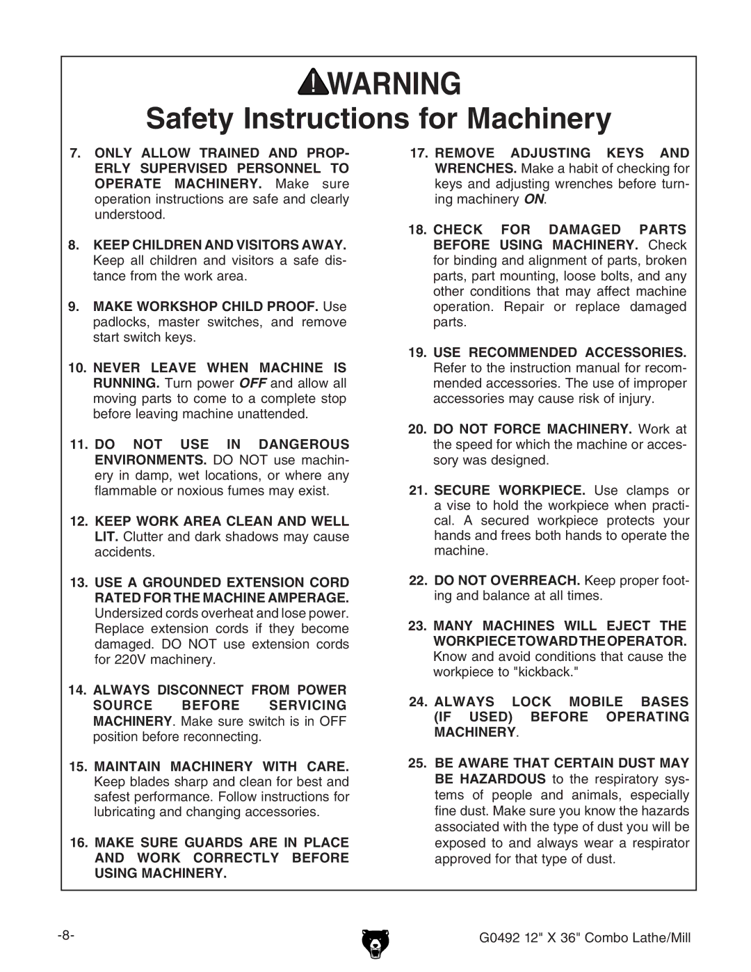 Grizzly owner manual G0492 12 X 36 Combo Lathe/Mill 