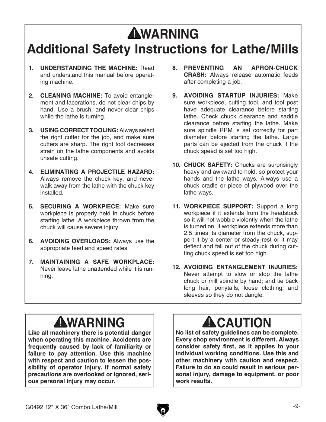 Grizzly G0492 owner manual Additional Safety Instructions for Lathe/Mills 