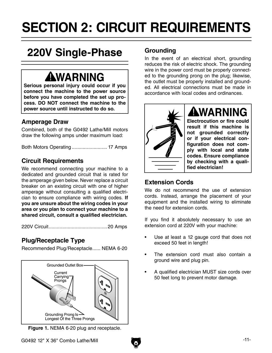 Grizzly G0492 owner manual Circuit Requirements, 220V Single-Phase 