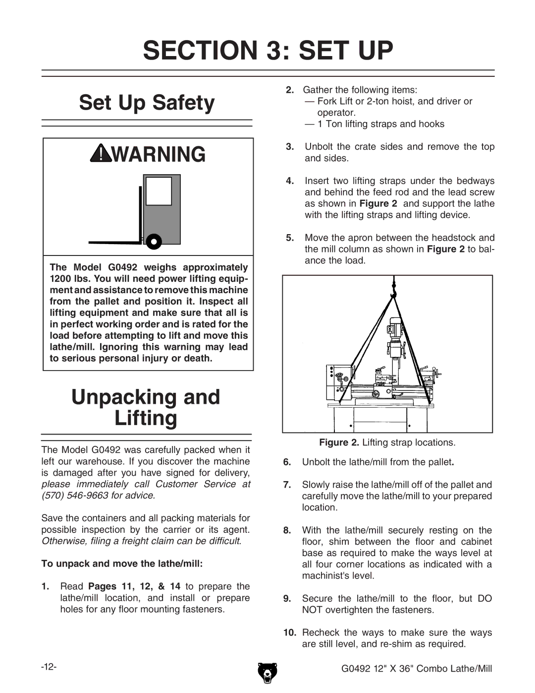 Grizzly G0492 owner manual Set Up Safety, Unpacking Lifting, To unpack and move the lathe/mill 