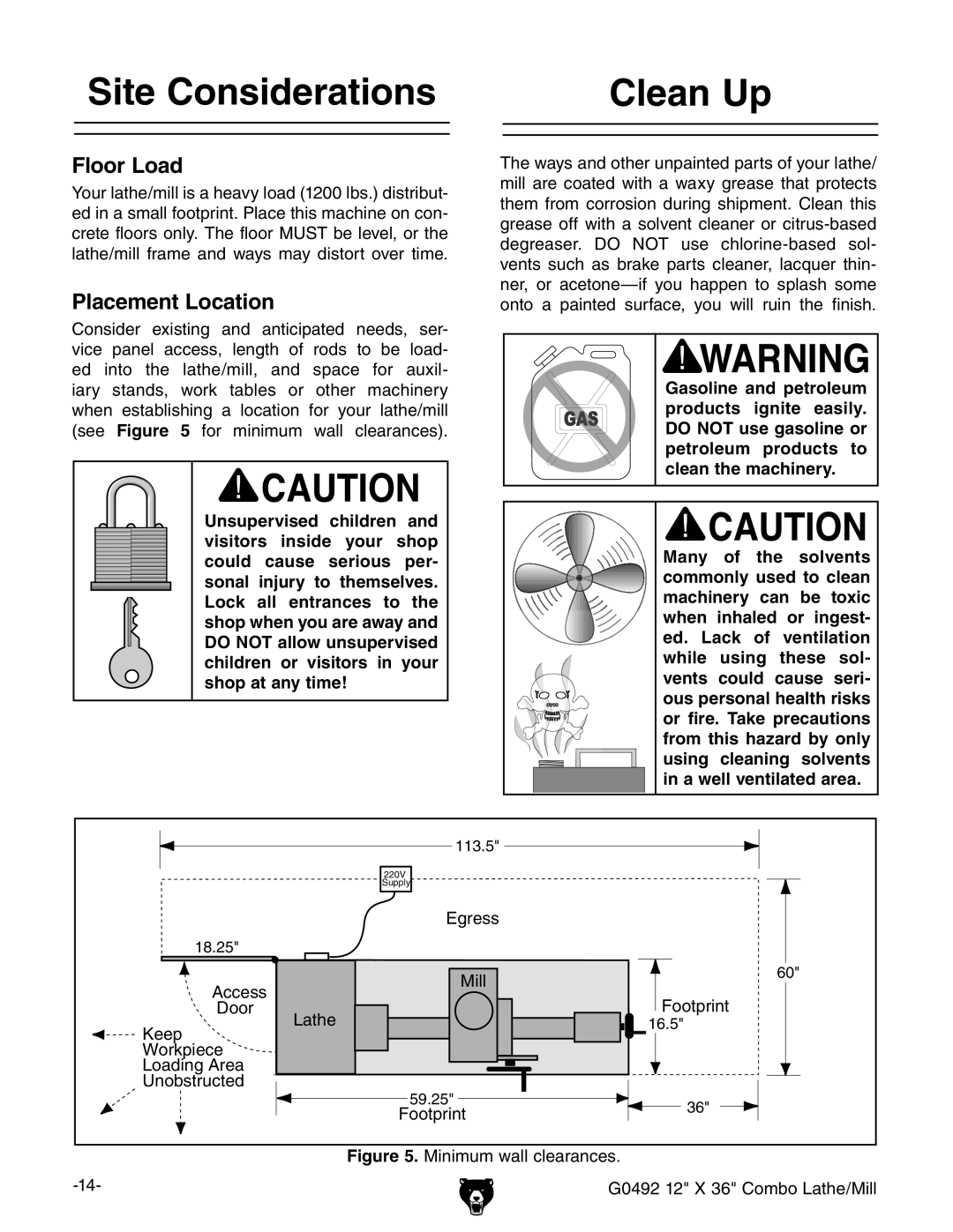 Grizzly G0492 owner manual Site Considerations, Clean Up 