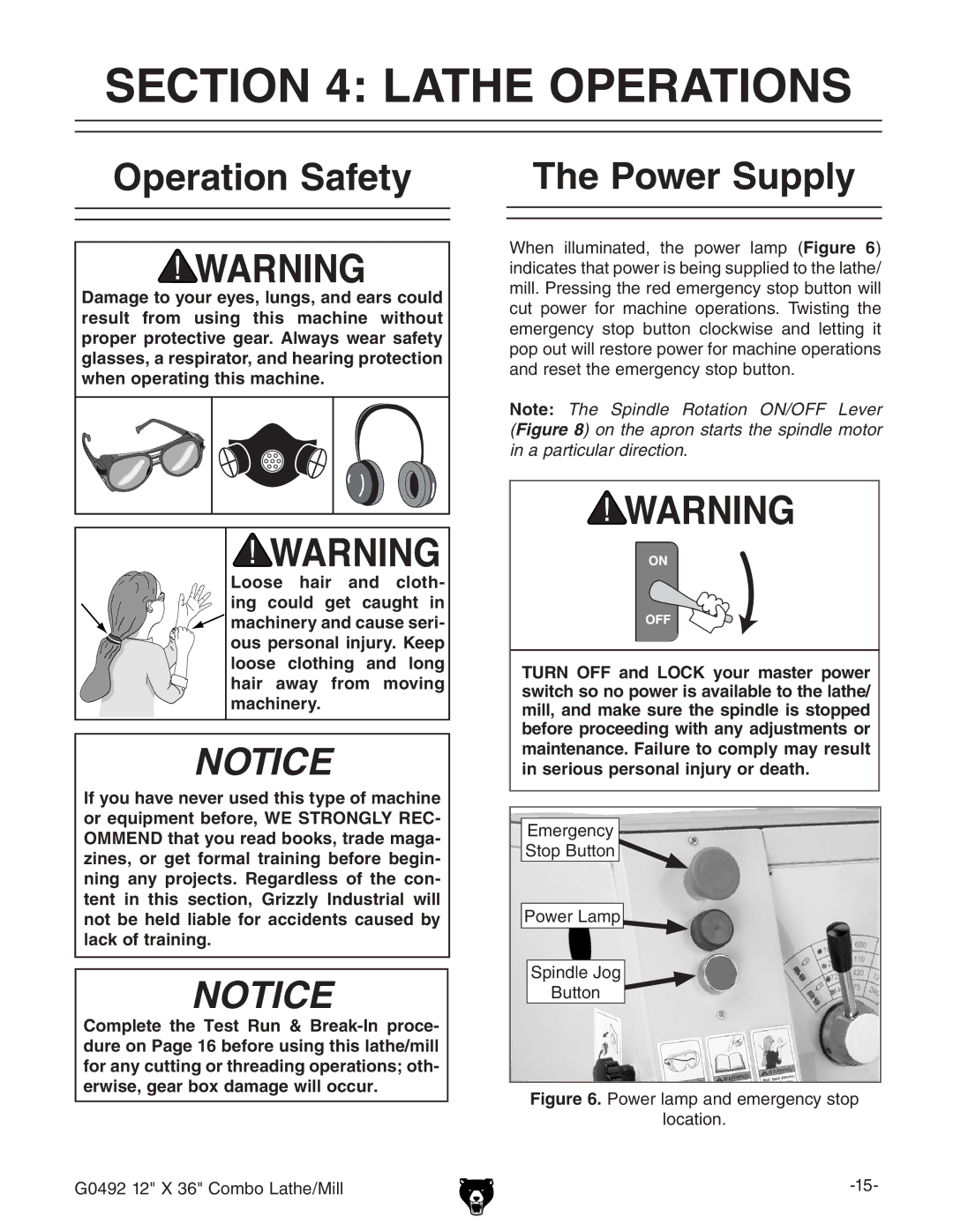 Grizzly G0492 owner manual Lathe Operations, Operation Safety Power Supply 