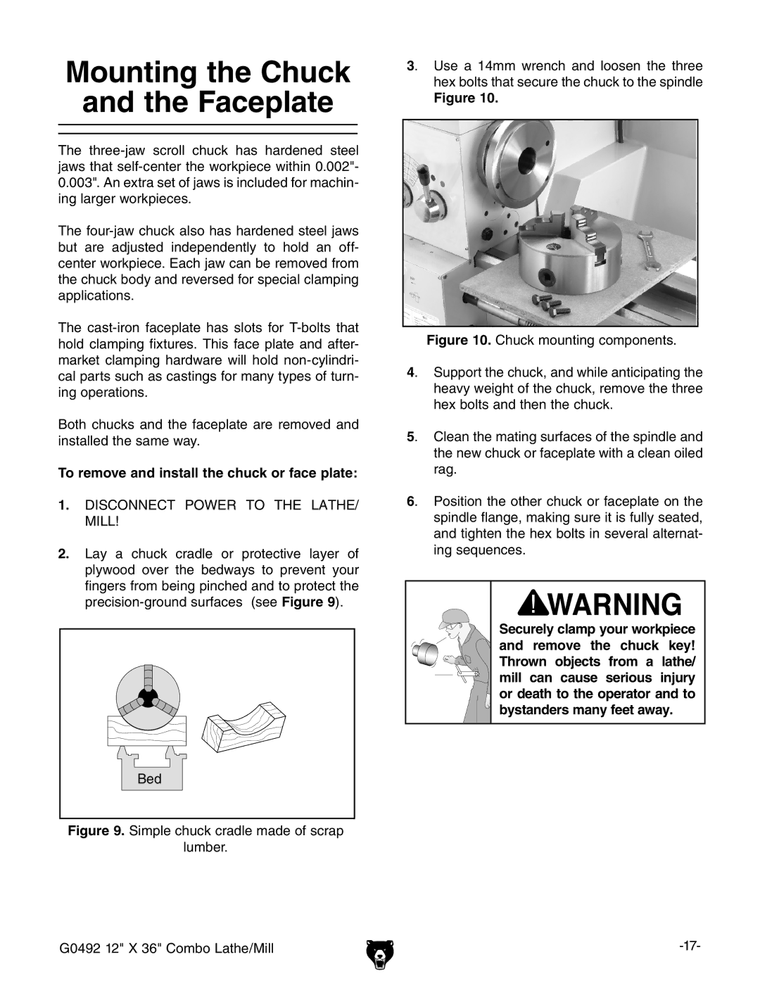 Grizzly G0492 owner manual Mounting the Chuck Faceplate, To remove and install the chuck or face plate 