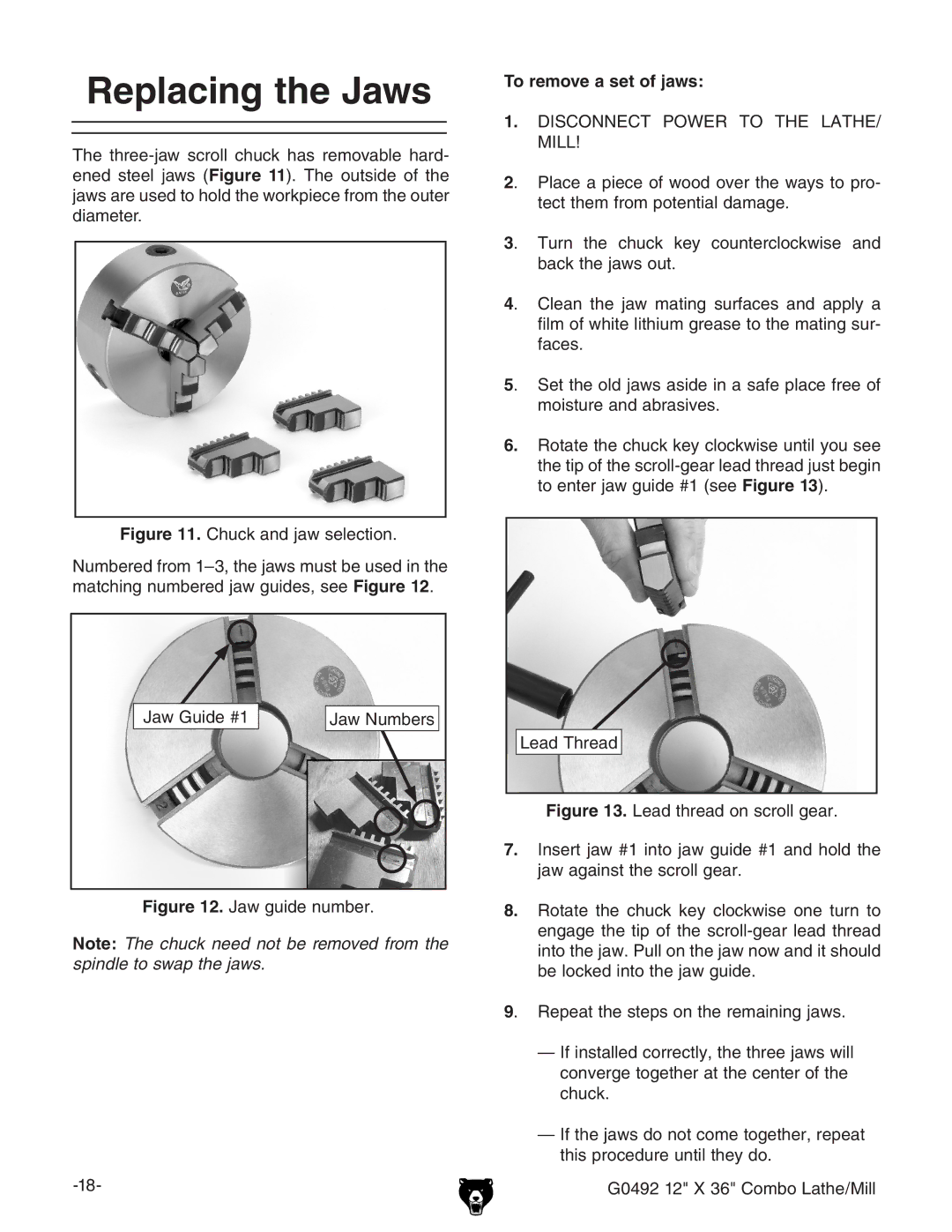 Grizzly G0492 owner manual Replacing the Jaws, To remove a set of jaws 