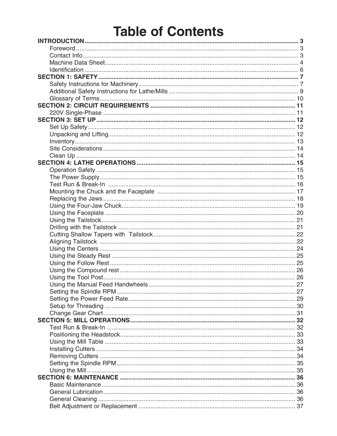 Grizzly G0492 owner manual Table of Contents 