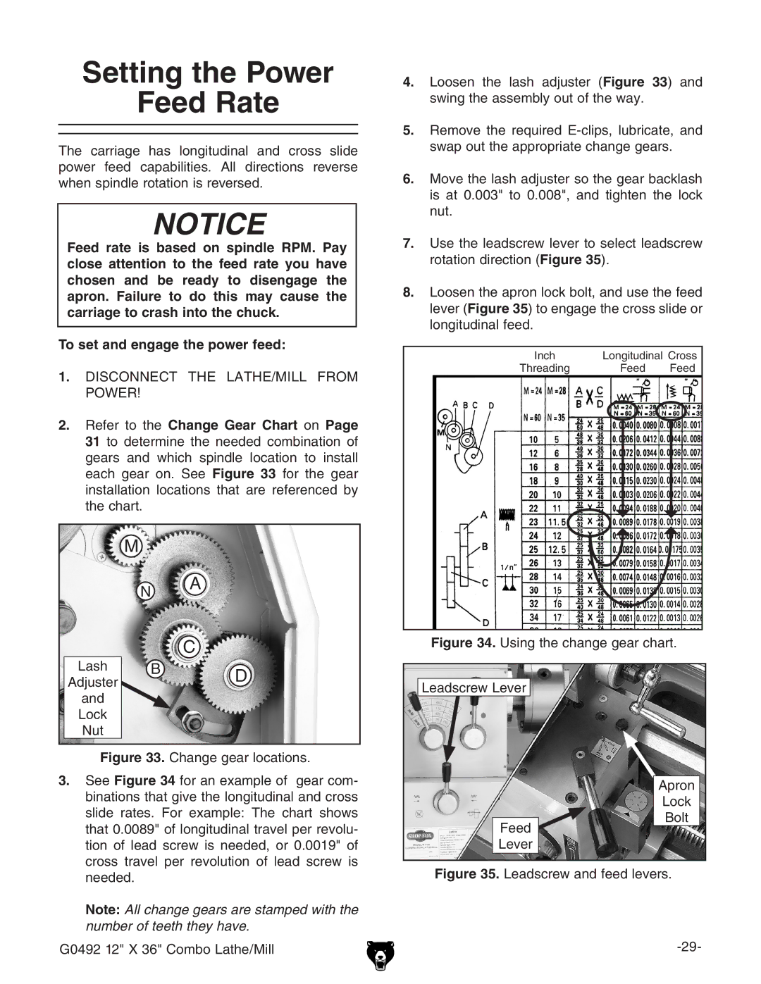 Grizzly G0492 owner manual Setting the Power Feed Rate, Disconnect the LATHE/MILL from Power 