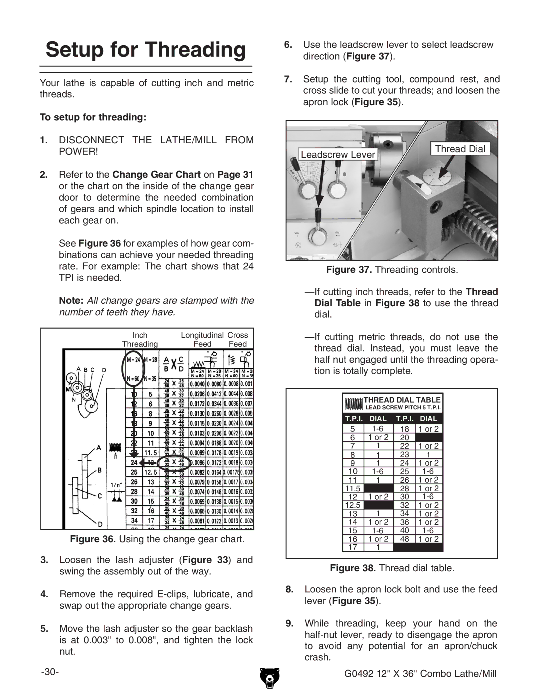 Grizzly G0492 owner manual Setup for Threading, To setup for threading 