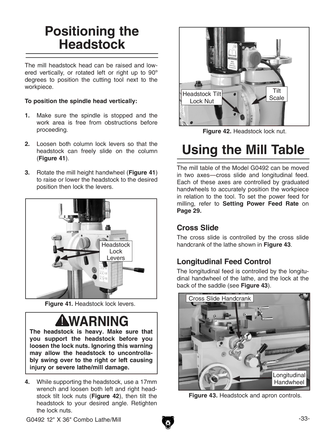 Grizzly G0492 owner manual Positioning Headstock, Using the Mill Table, To position the spindle head vertically 