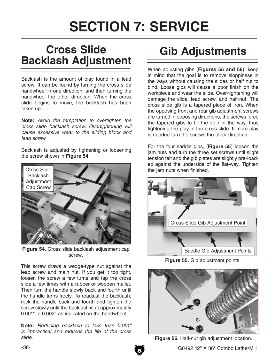 Grizzly G0492 owner manual Service, Cross Slide Backlash Adjustment, Gib Adjustments 