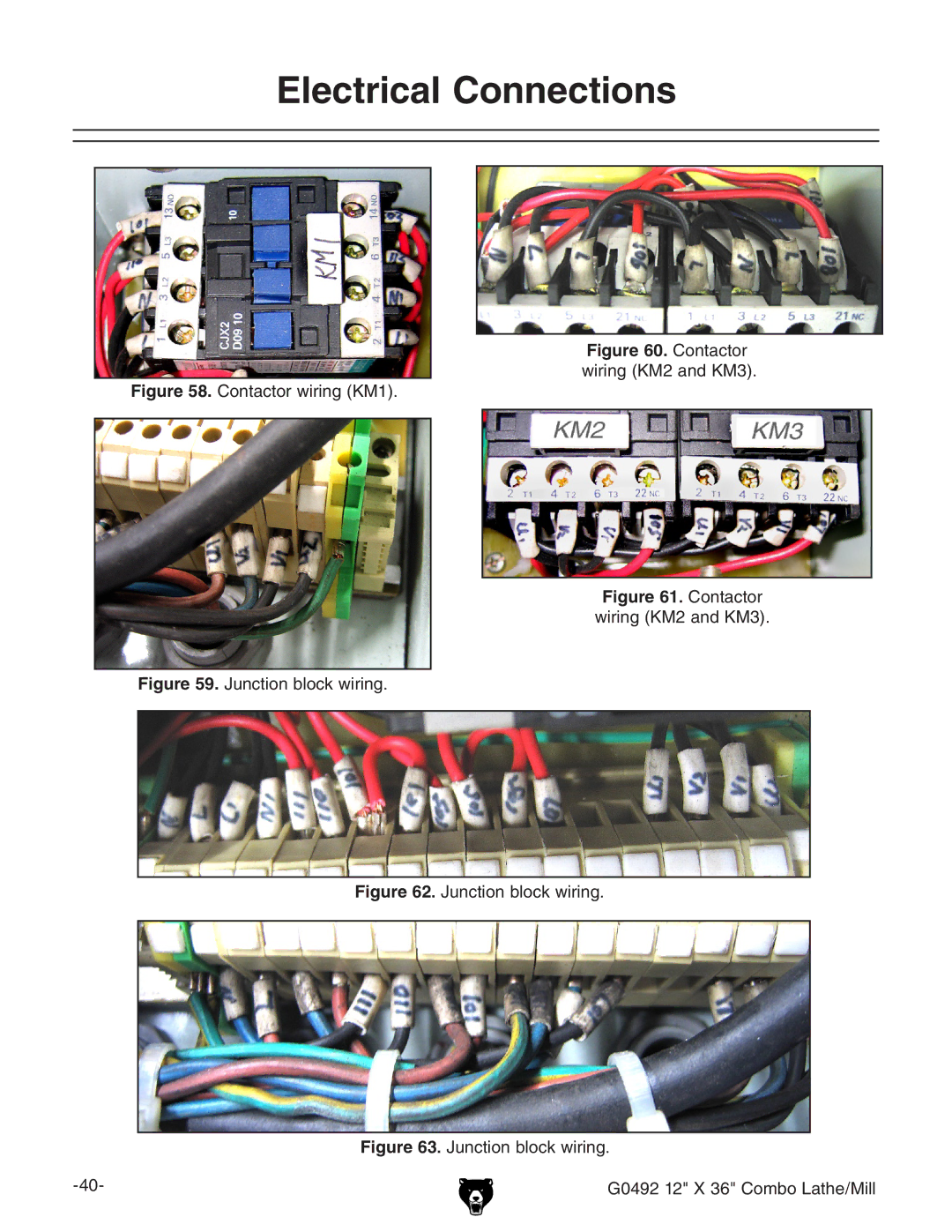 Grizzly G0492 owner manual Electrical Connections, Contactor wiring KM1 