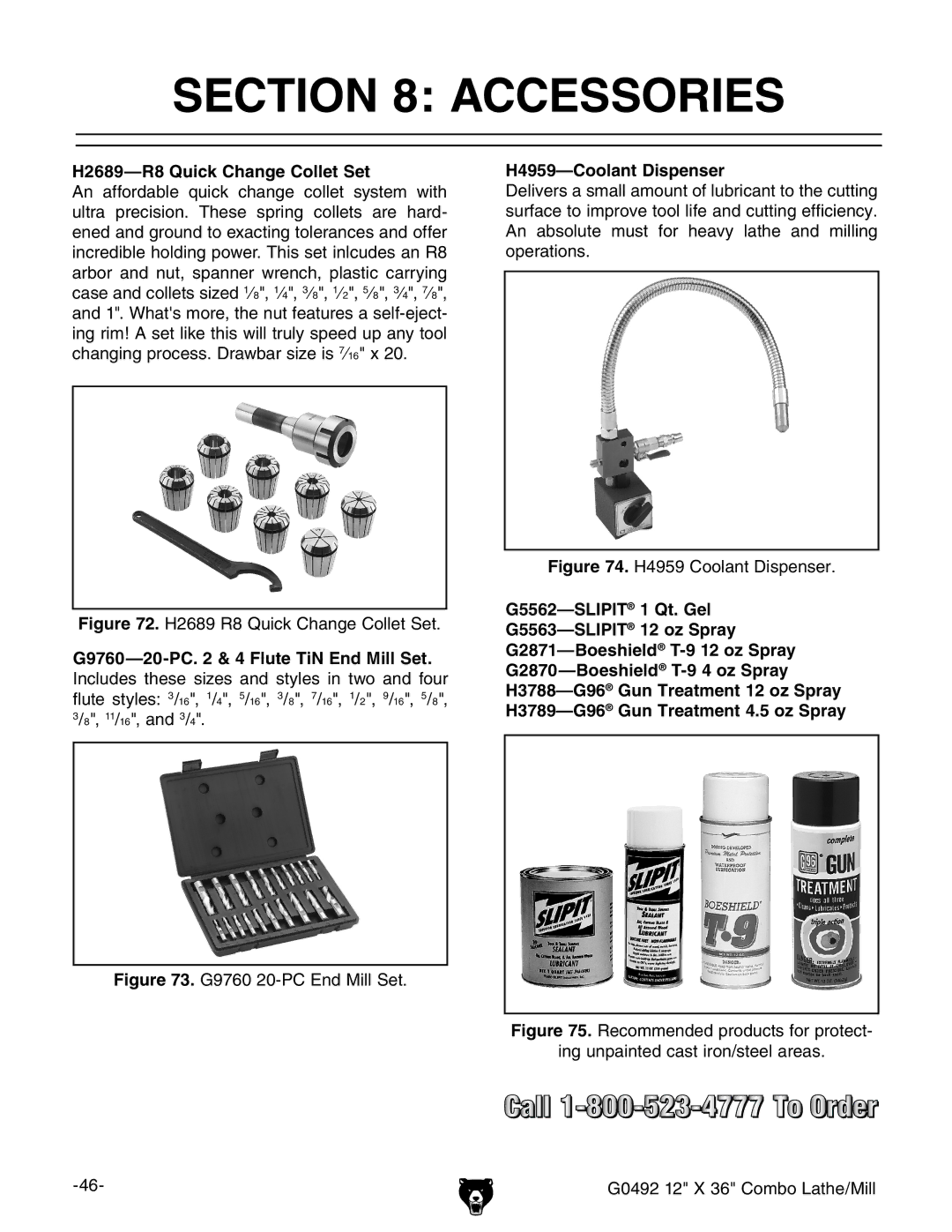 Grizzly G0492 owner manual Accessories, H2689-R8 Quick Change Collet Set, H4959-Coolant Dispenser 