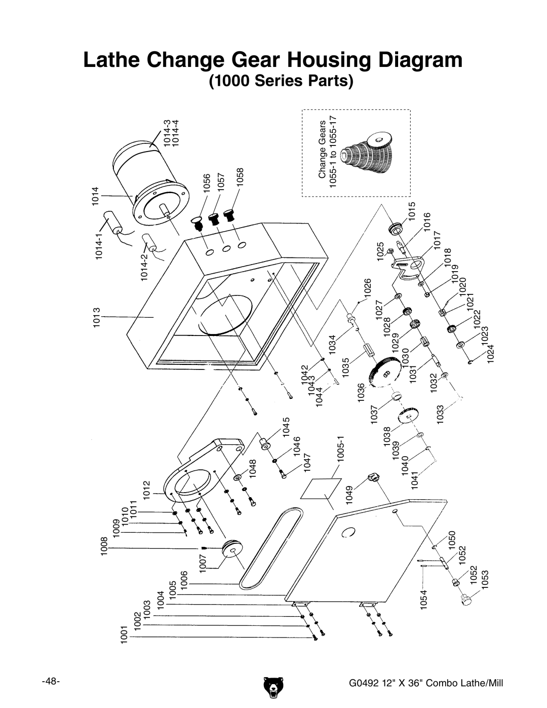 Grizzly G0492 owner manual Lathe Change Gear Housing Diagram 1000 Series Parts 