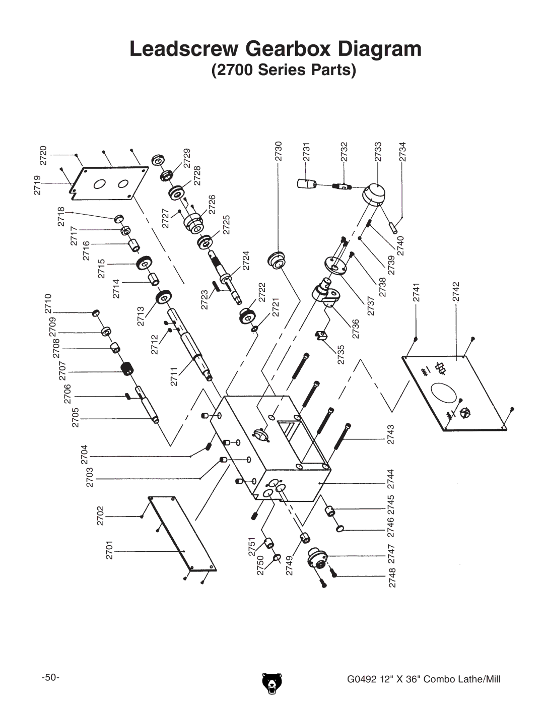 Grizzly G0492 owner manual Leadscrew Gearbox Diagram 2700 Series Parts 