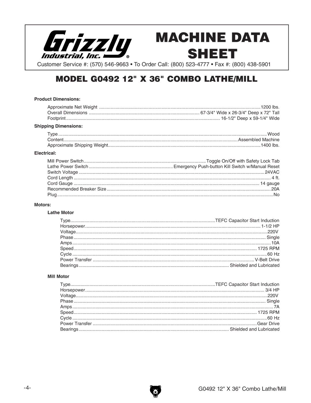 Grizzly G0492 owner manual Machine Data Sheet 