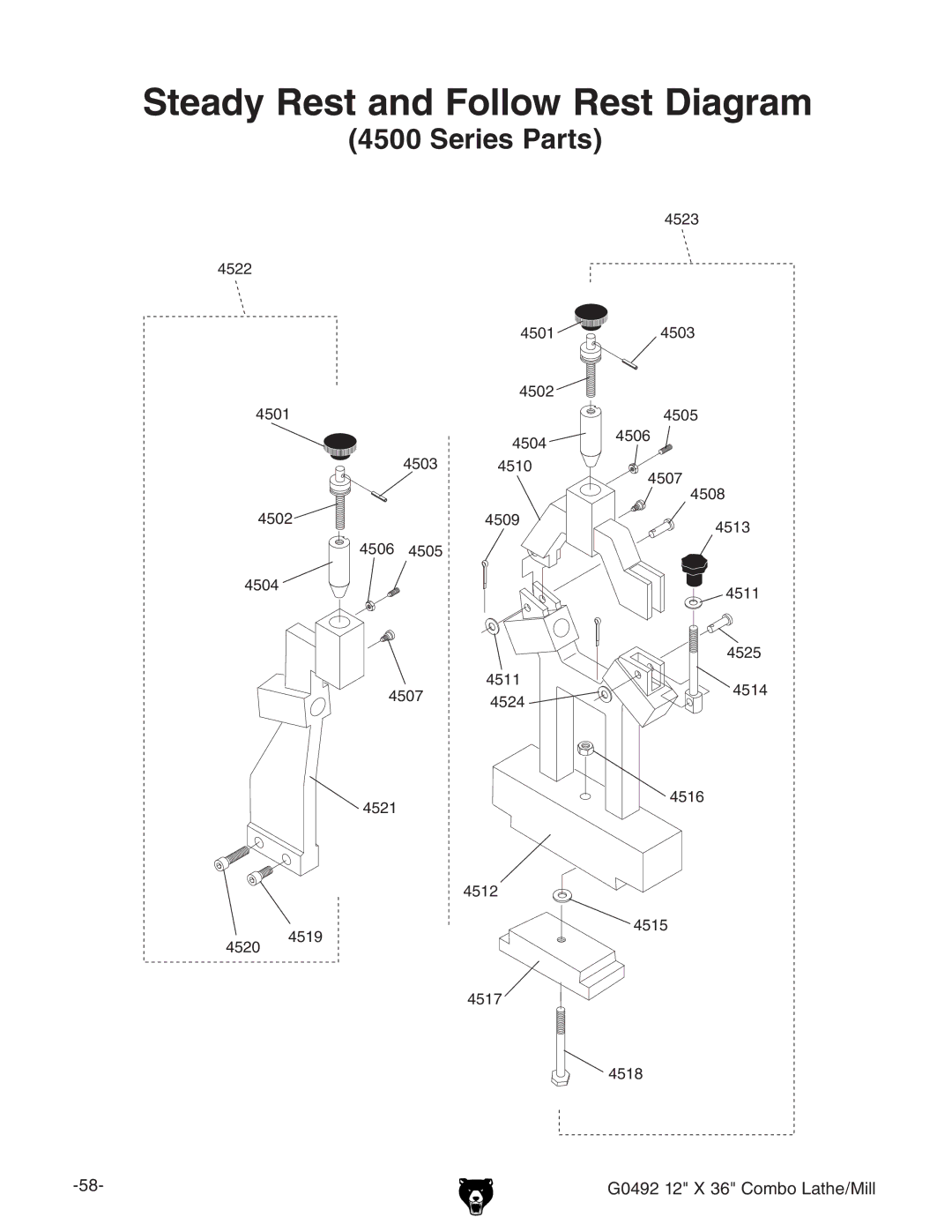 Grizzly G0492 owner manual Steady Rest and Follow Rest Diagram 