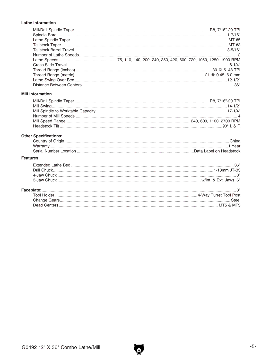 Grizzly G0492 owner manual Other Specifications 