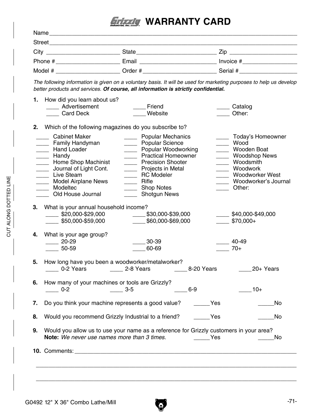 Grizzly owner manual G0492 12 X 36 Combo Lathe/Mill 