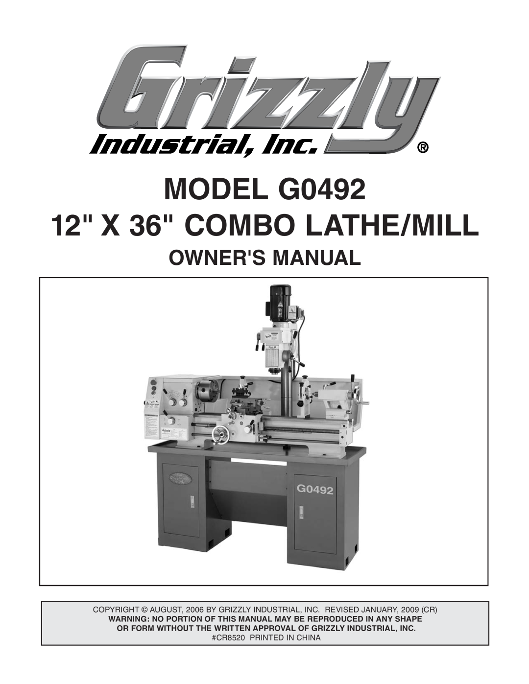 Grizzly owner manual Owners Manual, MODEL G0492 12 X 36 COMBO LATHE/MILL 