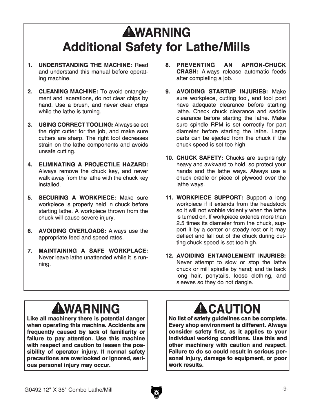 Grizzly G0492 manual Additional Safety for Lathe/Mills, Eliminating A Projectile Hazard, &M+8dbWdAViZ$Baa 