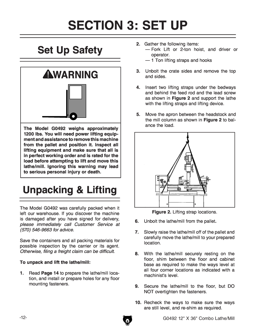 Grizzly G0492 manual Set Up Safety, Unpacking & Lifting, To unpack and lift the lathe/mill, &M+8dbWdAViZ$Baa 