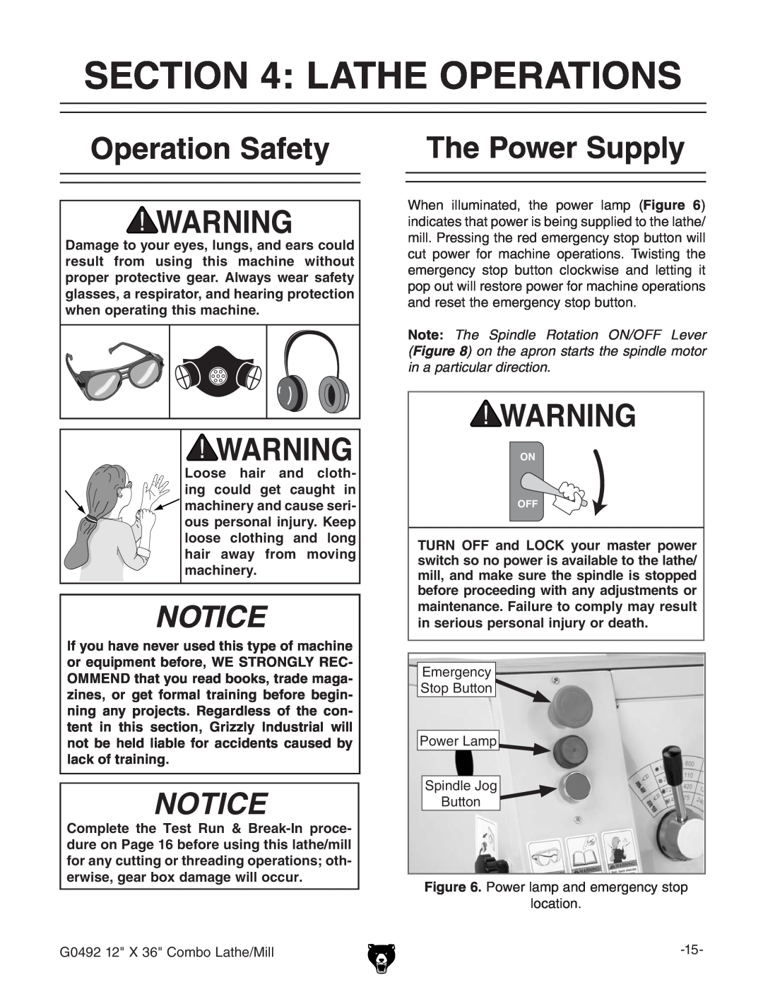 Grizzly G0492 Lathe Operations, Operation Safety, The Power Supply, ous personal injury. Keep loose clothing and long 