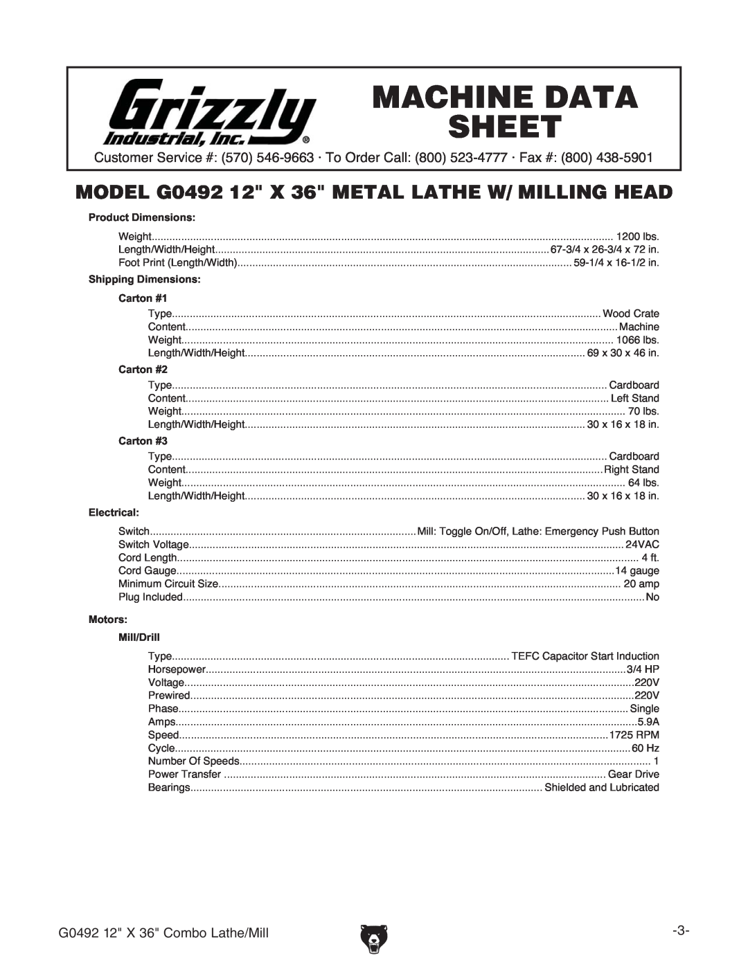 Grizzly Machine Data Sheet, MODEL G0492 12 X 36 METAL LATHE W/ MILLING HEAD, &M+8dbWdAViZ$Baa, EgdYjXi9bZchdch 