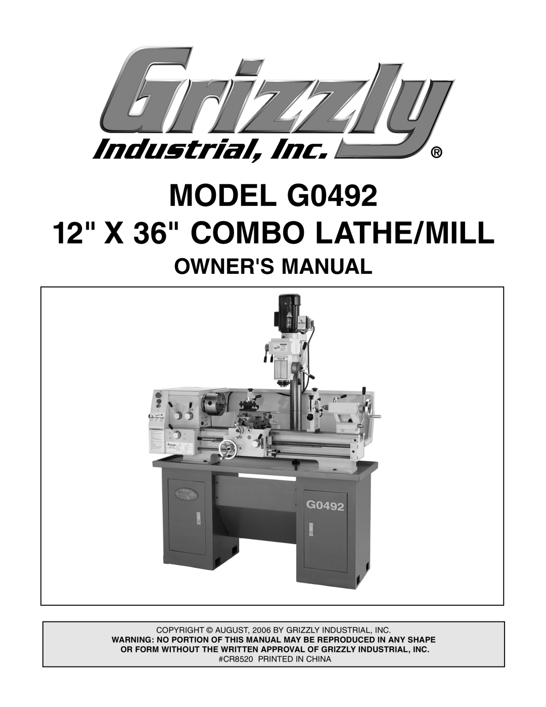 Grizzly manual Owners Manual, MODEL G0492 12 X 36 COMBO LATHE/MILL 