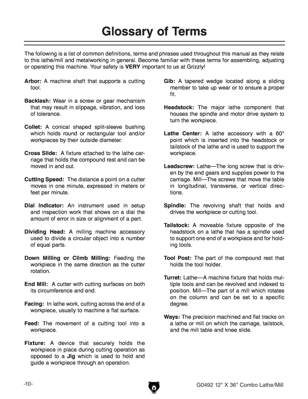 Grizzly G0492 owner manual Glossary of Terms 
