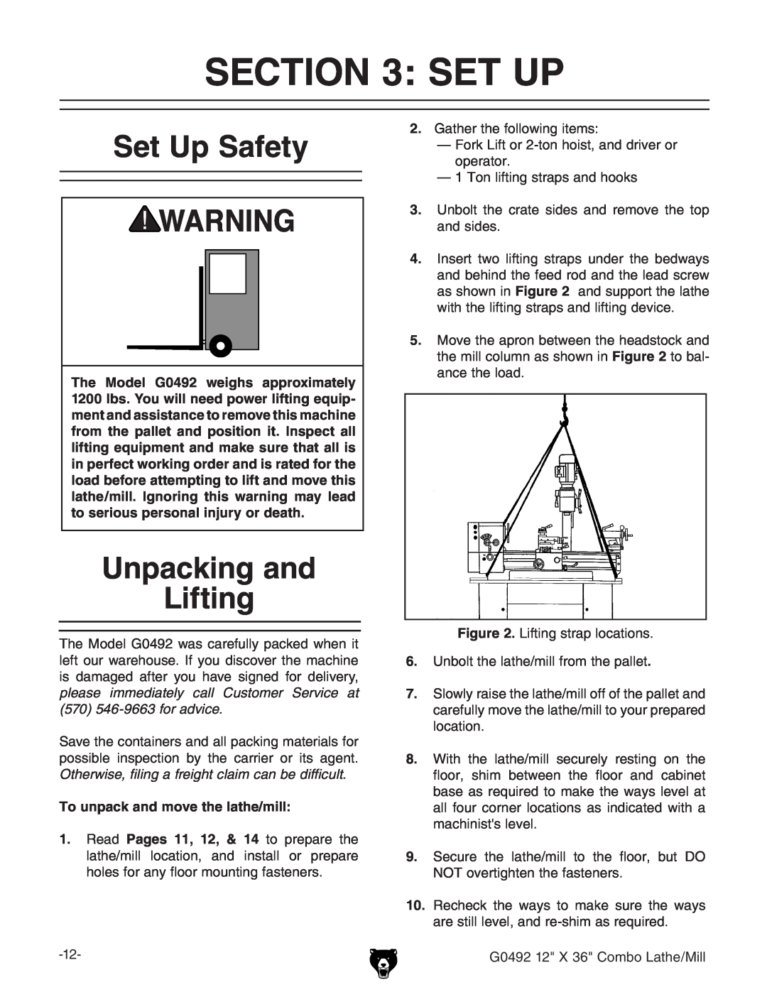 Grizzly G0492 owner manual Set Up Safety, Unpacking and Lifting, To unpack and move the lathe/mill 