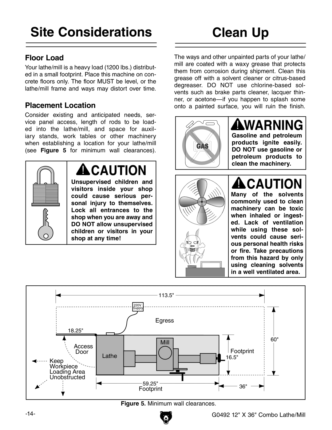 Grizzly G0492 owner manual Site Considerations, Clean Up, Floor Load, Placement Location 