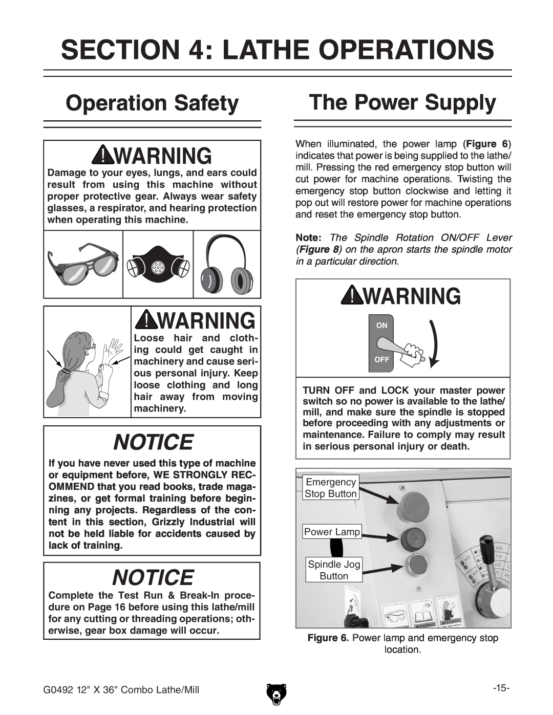 Grizzly G0492 Lathe Operations, Operation Safety, The Power Supply, ous personal injury. Keep loose clothing and long 