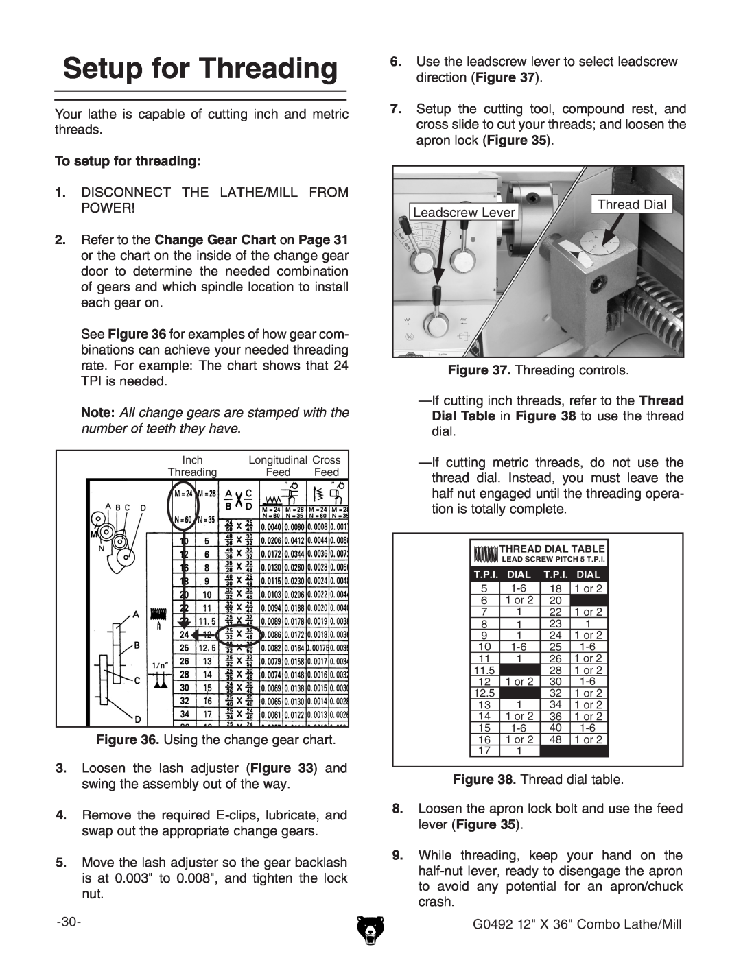 Grizzly G0492 owner manual Setup for Threading, To setup for threading 