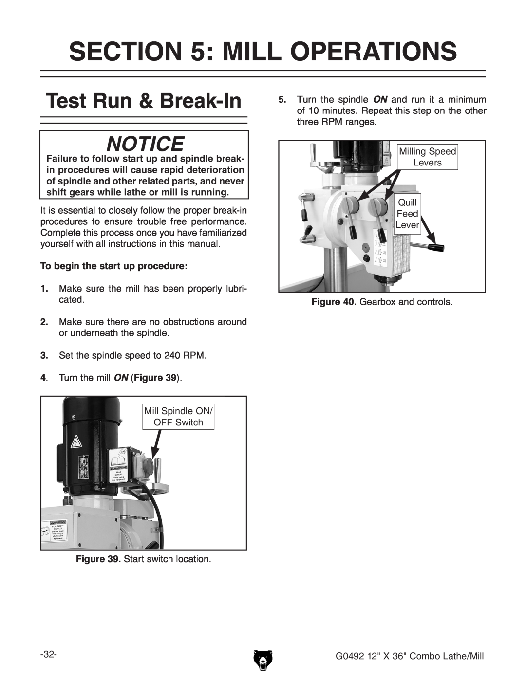 Grizzly G0492 owner manual Mill Operations, To begin the start up procedure, Test Run & Break-In 