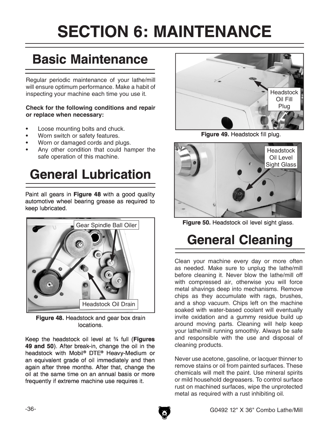 Grizzly G0492 owner manual Basic Maintenance, General Lubrication, General Cleaning 