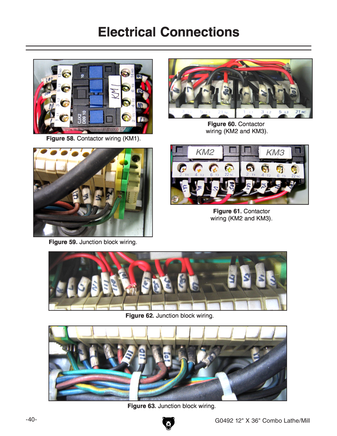 Grizzly G0492 Electrical Connections, Contactor wiring KM1 . Junction block wiring, Contactor wiring KM2 and KM3 